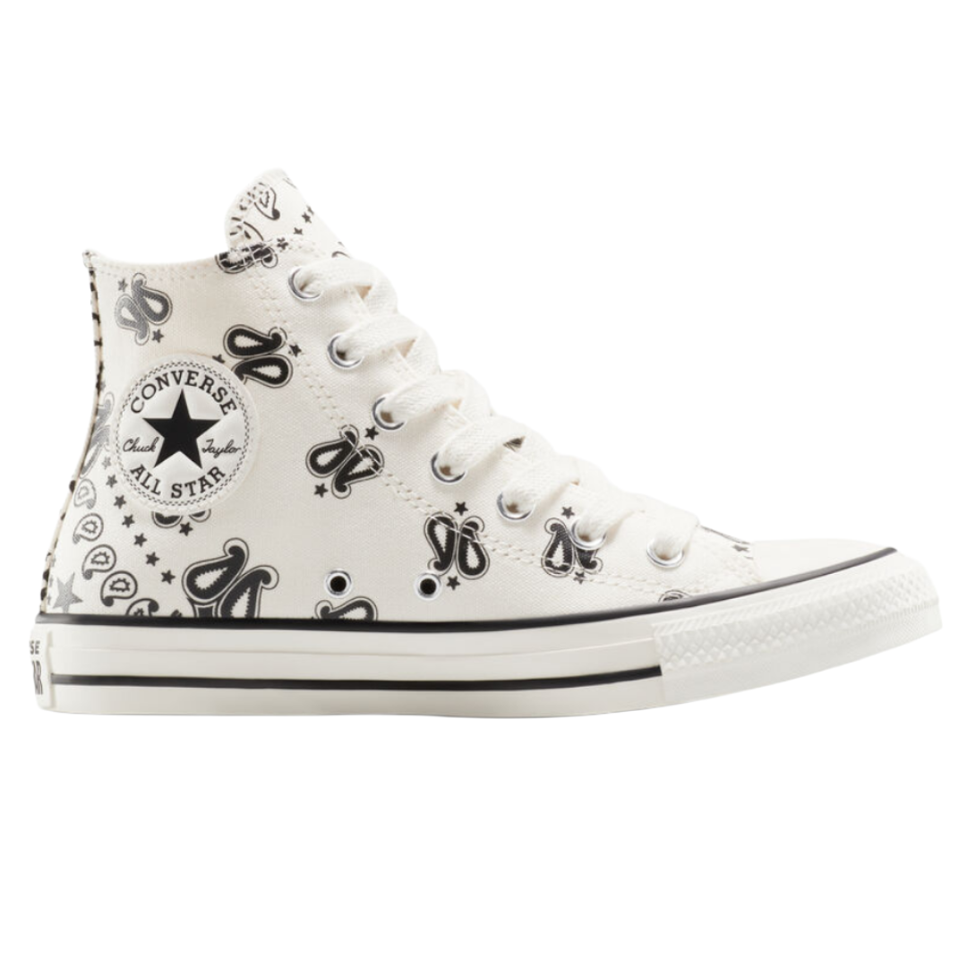 Converse Chuck Taylor All Star high-top sneaker with a white canvas base featuring black butterfly and star patterns, and the iconic All Star logo on the side.