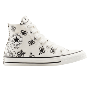 Converse Chuck Taylor All Star high-top sneaker with a white canvas base featuring black butterfly and star patterns, and the iconic All Star logo on the side.