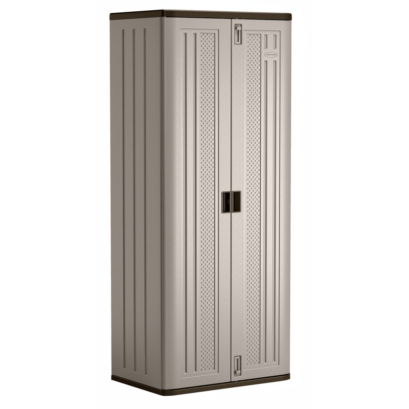 Tall storage cabinet with a beige finish, featuring double doors and a textured front design.