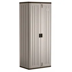 Tall storage cabinet with a beige finish, featuring double doors and a textured front design.