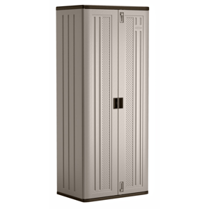 Tall storage cabinet with a beige finish, featuring double doors and a textured front design.