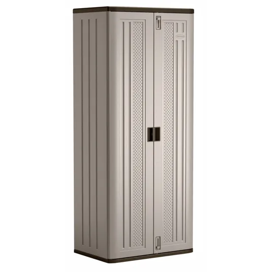 Tall storage cabinet with a beige finish, featuring double doors and a textured front design.