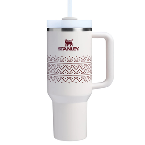 Stanley 30oz Tumbler with a handle, featuring a winter-themed design in burgundy on a white background. A lid with a straw is included.