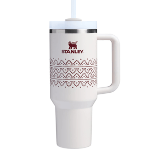 Stanley 30oz Tumbler with a handle, featuring a winter-themed design in burgundy on a white background. A lid with a straw is included.