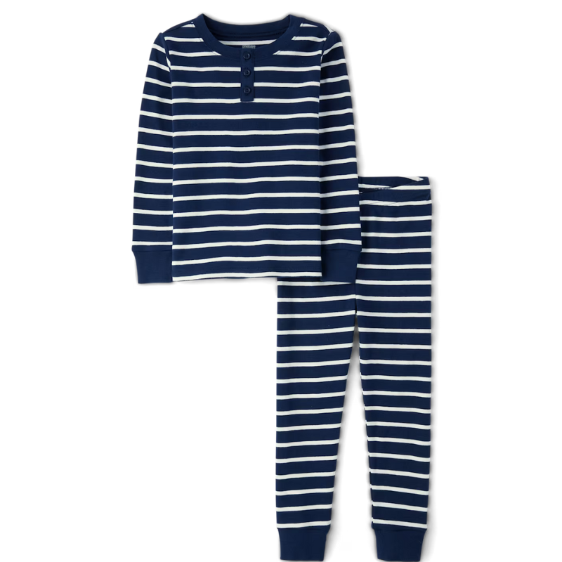 Two-piece navy and white striped pajamas with a long-sleeve top featuring a buttoned placket and matching pants, both with cuffed sleeves and ankles.