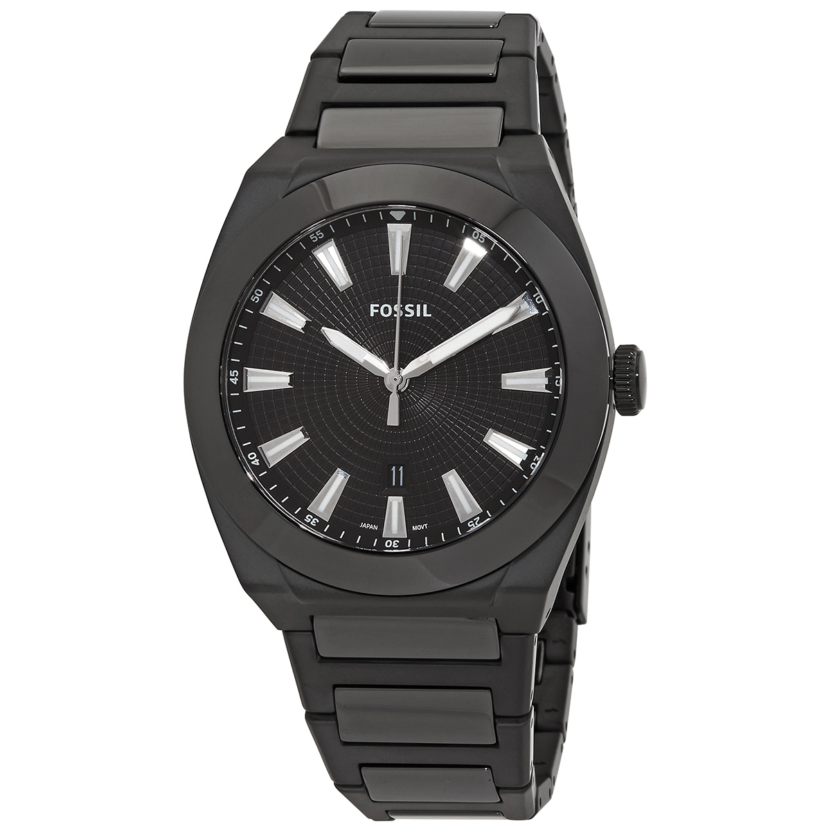Fossil Men's Everett Quartz Watch features a matte black stainless steel case and bracelet, with a black dial and silver-tone hands and indices. It includes a date window at 6 o'clock and a streamlined design.