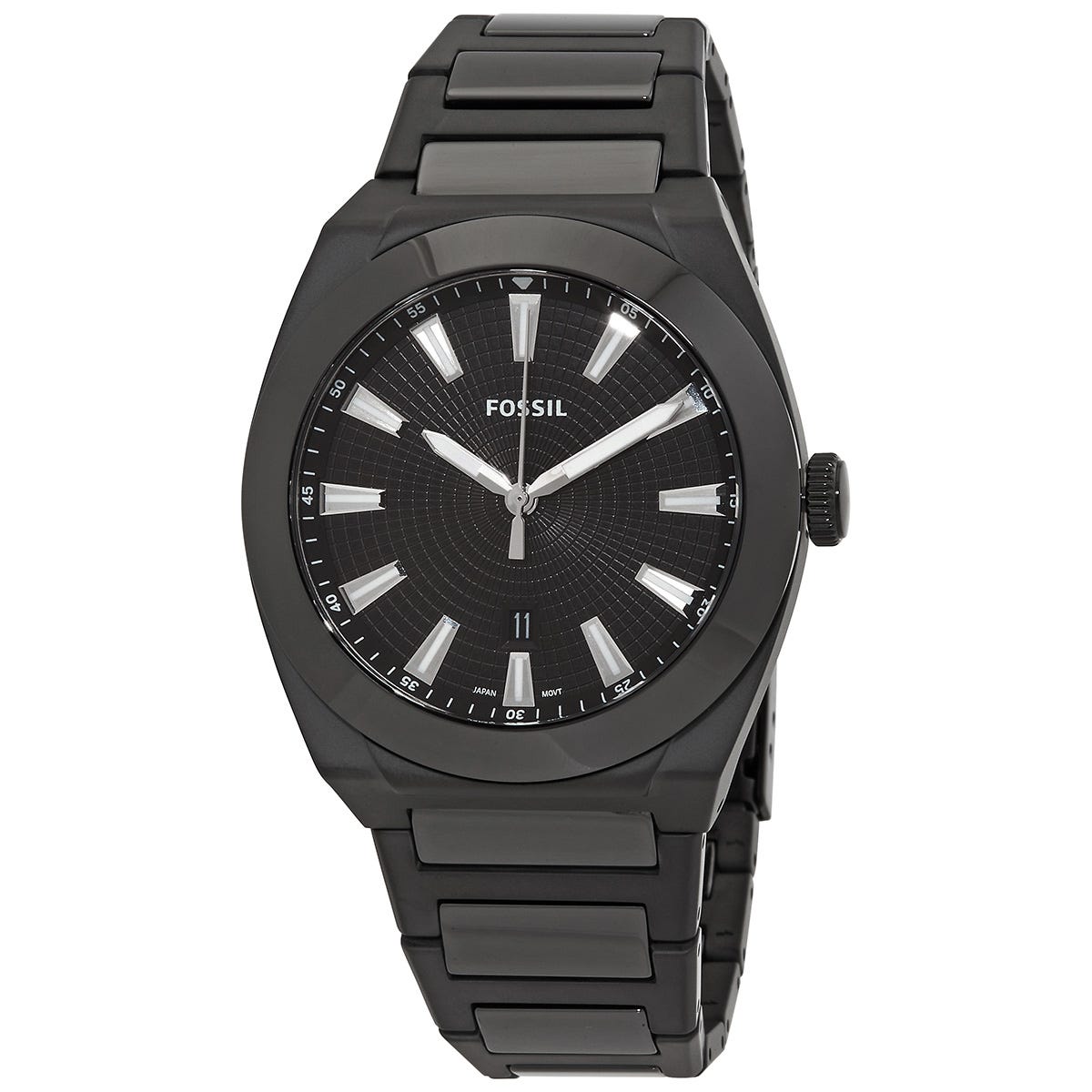 Fossil Men's Everett Quartz Watch features a matte black stainless steel case and bracelet, with a black dial and silver-tone hands and indices. It includes a date window at 6 o'clock and a streamlined design.