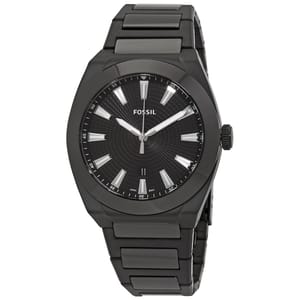 Fossil Men's Everett Quartz Watch features a matte black stainless steel case and bracelet, with a black dial and silver-tone hands and indices. It includes a date window at 6 o'clock and a streamlined design.