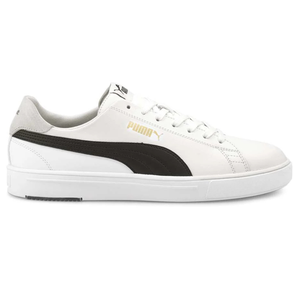 White Puma men's tennis shoes with a black stripe, gold logo, and white sole, featuring a sleek and simple design with lace-up closure.