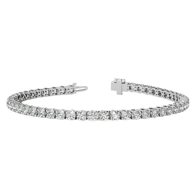 A tennis bracelet featuring a series of round, clear gemstones set in a sleek metal band with a secure clasp.