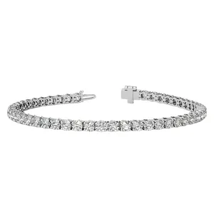 A tennis bracelet featuring a series of round, clear gemstones set in a sleek metal band with a secure clasp.