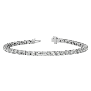 A tennis bracelet featuring a series of round, clear gemstones set in a sleek metal band with a secure clasp.