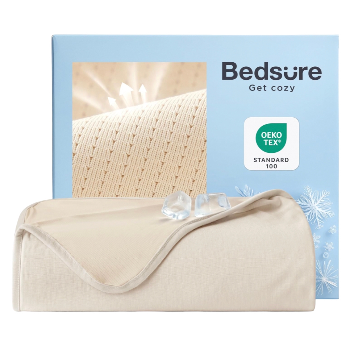 Beige cooling blanket with ice cubes depicted, alongside a Bedsure package featuring the OEKO-TEX STANDARD 100 certification.