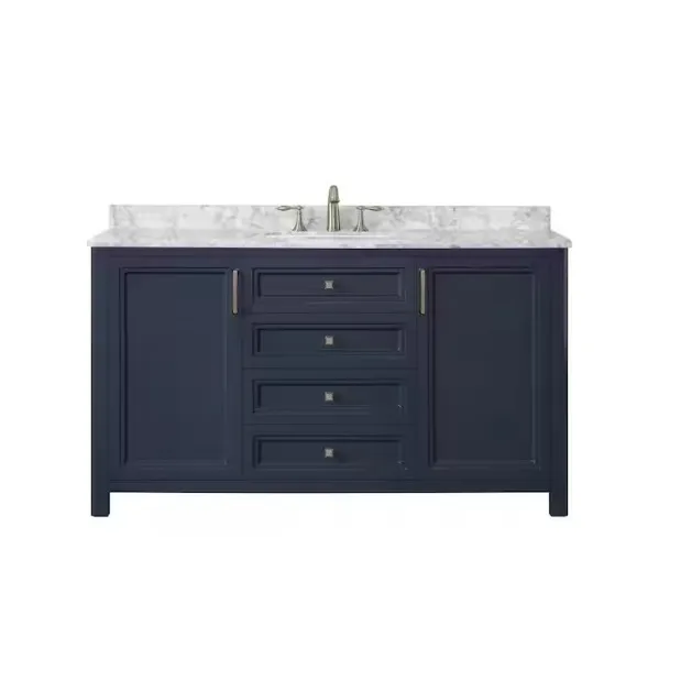 The Home Decorators Sandon 60\“ Vanity features a navy blue finish, marble countertop, one basin sink, and brushed nickel hardware. It includes three center drawers and two side cabinets for ample storage.