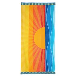 A vibrant beach towel featuring a stylized sun and sea design with yellow, orange, red, and blue tones, bordered by a geometric pattern.