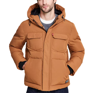 Levi's Men's Hooded Puffer Jacket is a brown, insulated jacket with two chest flap pockets, two hand pockets, and a zip front closure with a hood. It features a red Levi's tag on the chest and black cuffs.