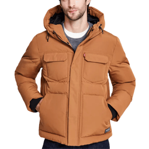Levi's Men's Hooded Puffer Jacket is a brown, insulated jacket with two chest flap pockets, two hand pockets, and a zip front closure with a hood. It features a red Levi's tag on the chest and black cuffs.