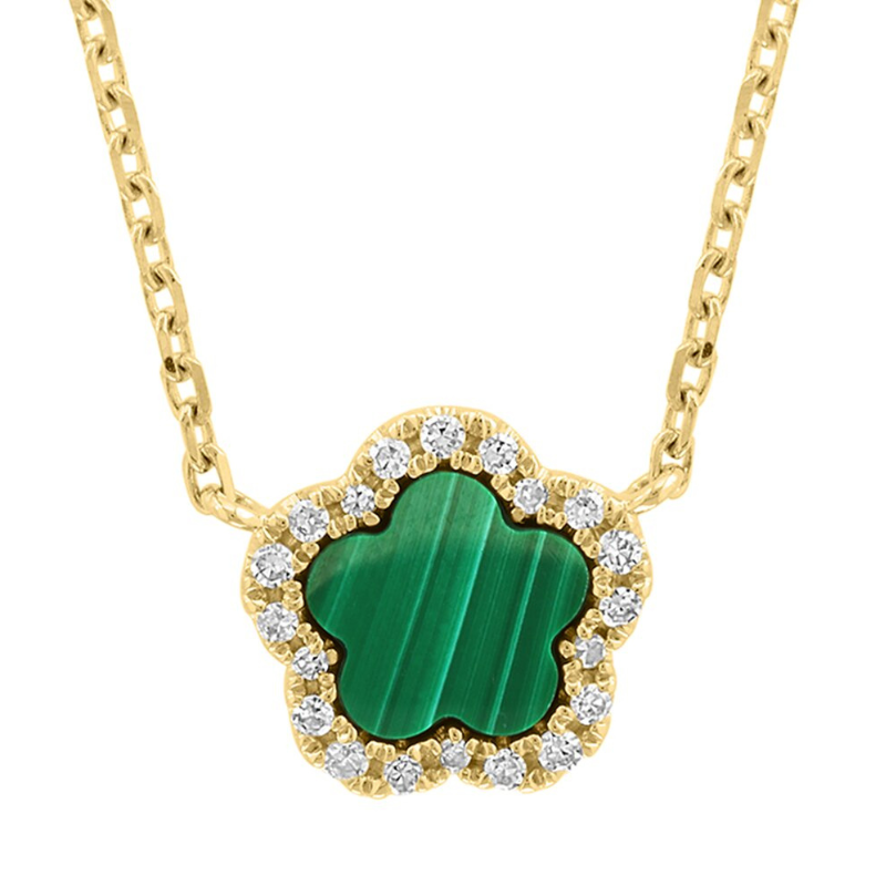 A gold chain necklace featuring a green malachite clover-shaped pendant, adorned with a border of small diamonds.
