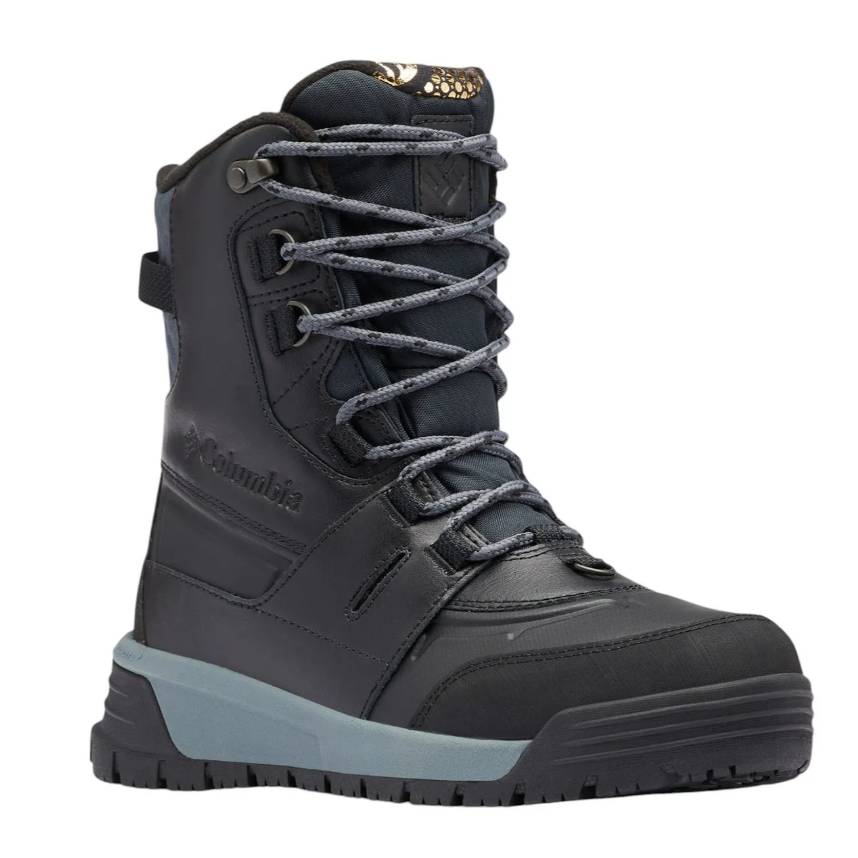 Columbia women's Bugaboot features a high-top design with robust lacing, dark leather exterior, insulated lining, and a sturdy sole for cold weather protection and traction.