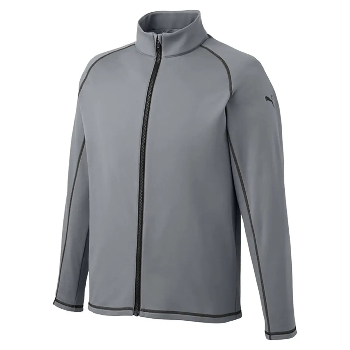 Gray full-zip jacket with a stand-up collar and long sleeves, featuring a Puma logo on the upper left chest.
