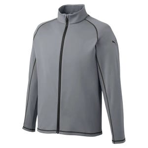 Gray full-zip jacket with a stand-up collar and long sleeves, featuring a Puma logo on the upper left chest.
