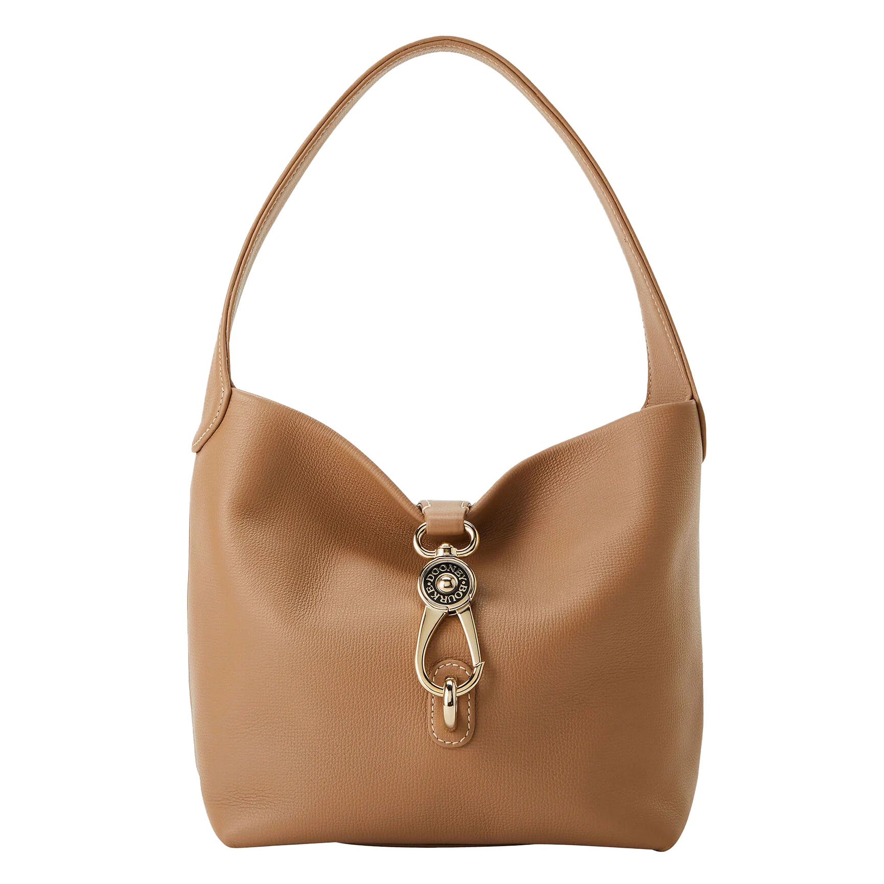 A tan leather hobo bag with a single strap and gold-tone hardware, featuring a decorative clasp detail.