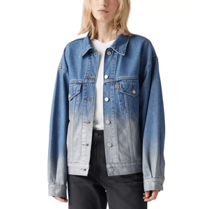 A blue Levi's Trucker Jacket with a gradient ombre fade to a lighter shade near the bottom, featuring button closures, two front chest pockets with flaps, and side pockets, worn over a plain white shirt and black pants.