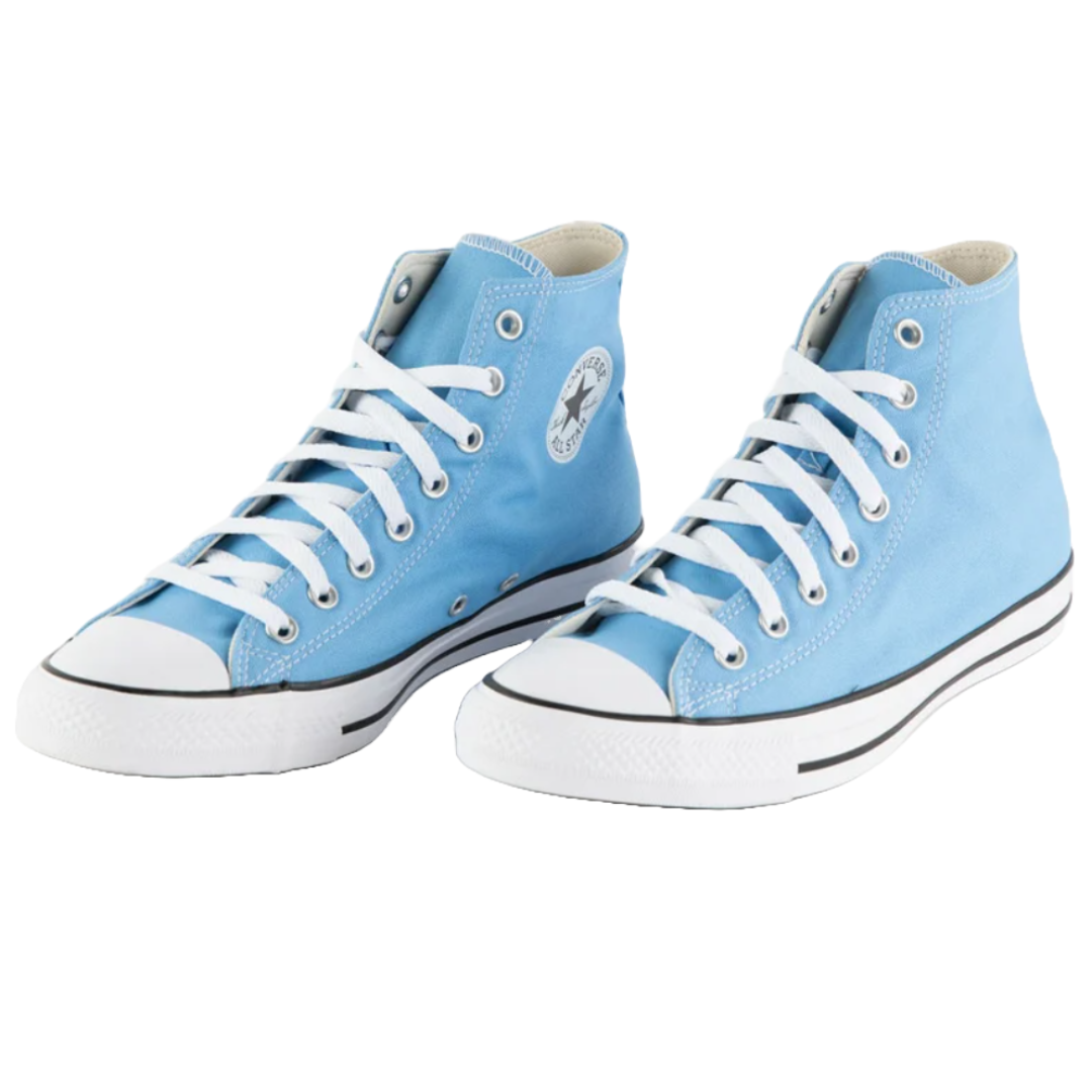 Light blue Converse Chuck Taylor high-top sneakers featuring white laces, rubber toe caps, and a black stripe around the sole. The iconic star logo is visible on the side.
