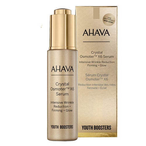 AHAVA Crystal Osmoter X6 Serum for intensive wrinkle reduction, firming, and glow, shown with its packaging.