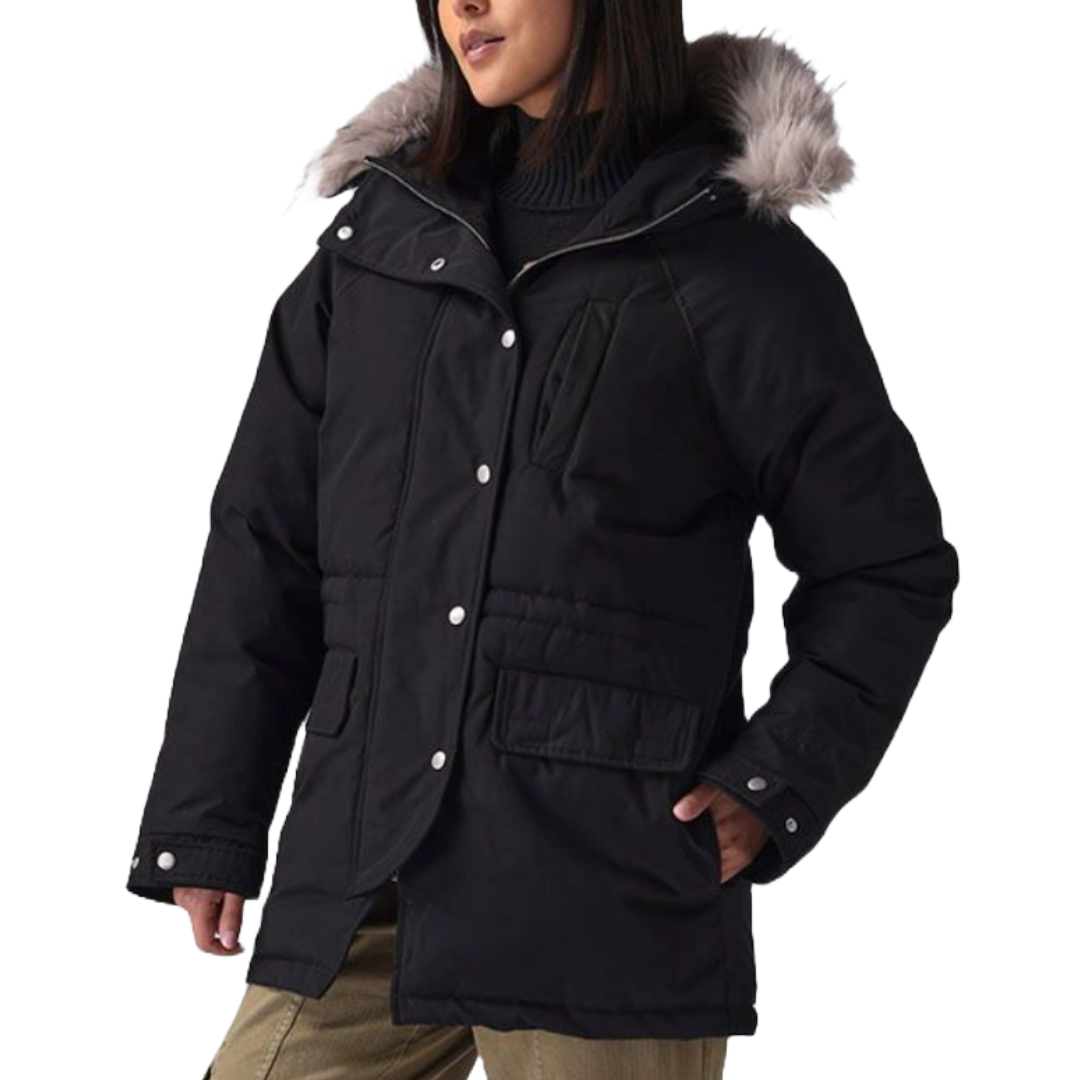 A black, insulated parka with a faux fur-lined hood, front snap buttons, two large flap pockets, a chest pocket, and adjustable cuffs designed for warmth and comfort.