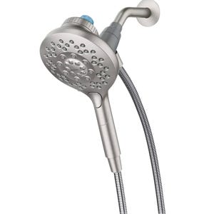 Moen Aromatherapy Handshower features a brushed nickel finish, multiple spray settings, and an infusion dial for essential oils, connected to a flexible hose for versatile use.