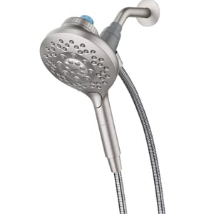 Moen Aromatherapy Handshower features a brushed nickel finish, multiple spray settings, and an infusion dial for essential oils, connected to a flexible hose for versatile use.