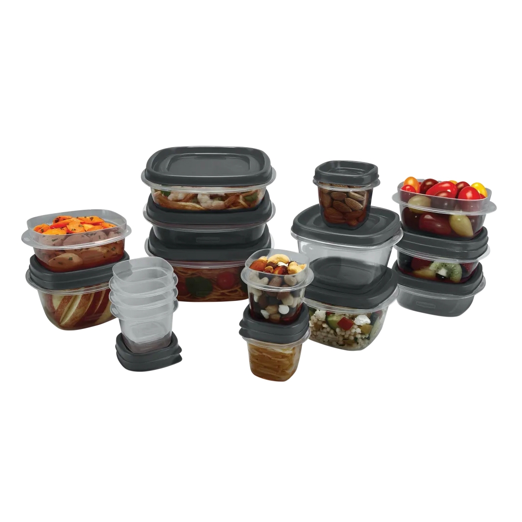 The 32-piece Rubbermaid Food Storage Set includes various clear plastic containers with dark lids, ideal for organizing and storing foods like fruits, nuts, pasta, and salads.