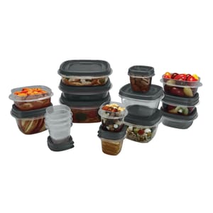The 32-piece Rubbermaid Food Storage Set includes various clear plastic containers with dark lids, ideal for organizing and storing foods like fruits, nuts, pasta, and salads.
