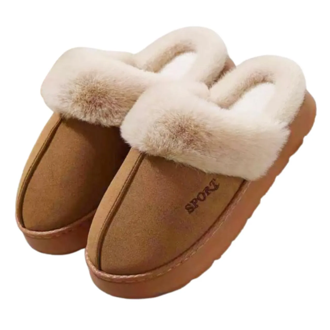 Brown slippers with fluffy, cream-colored lining and \“SPORT\“ written on the side.