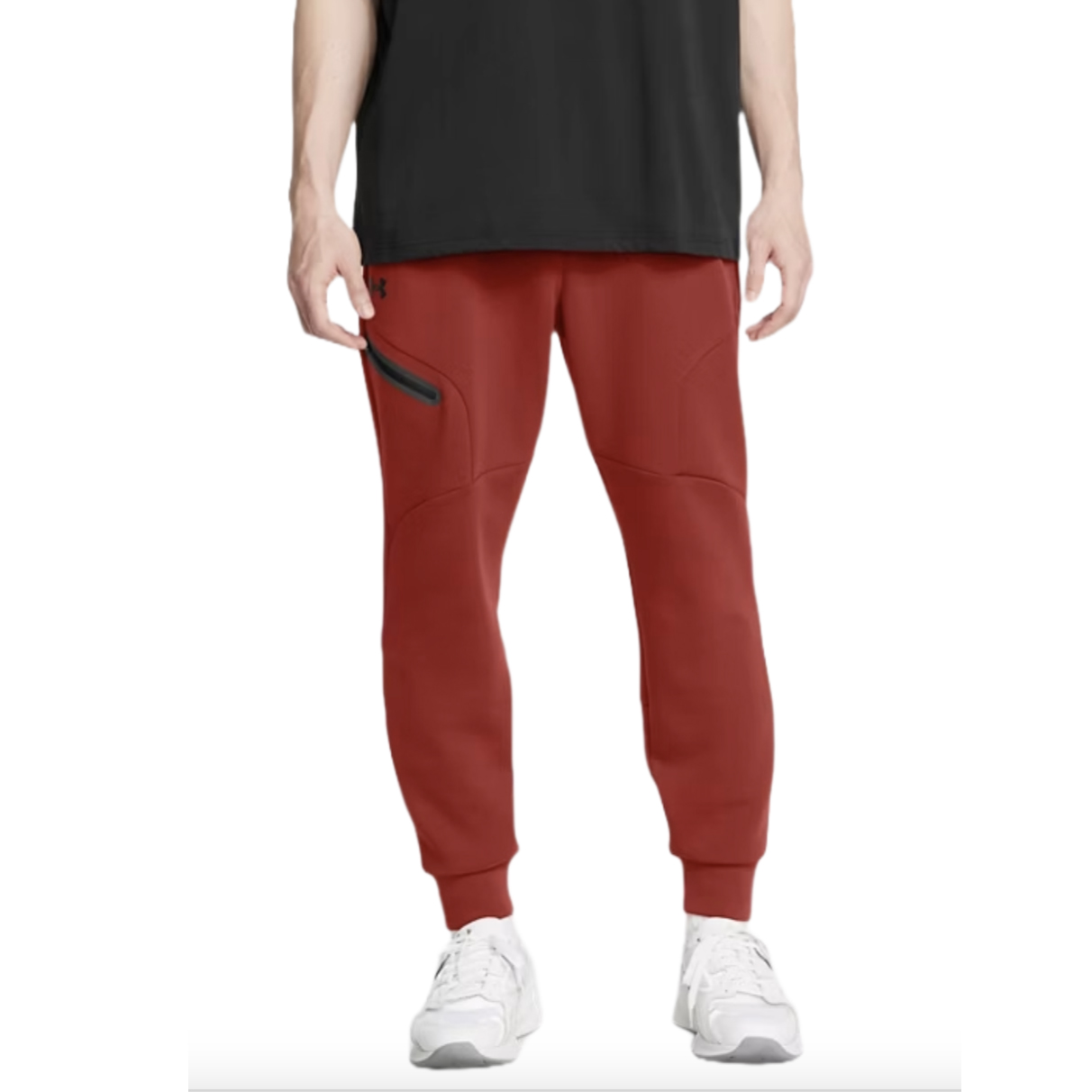 Red fleece jogger pants with zippered side pockets, ribbed cuffs, and a relaxed fit. Paired with white sneakers and a black shirt.