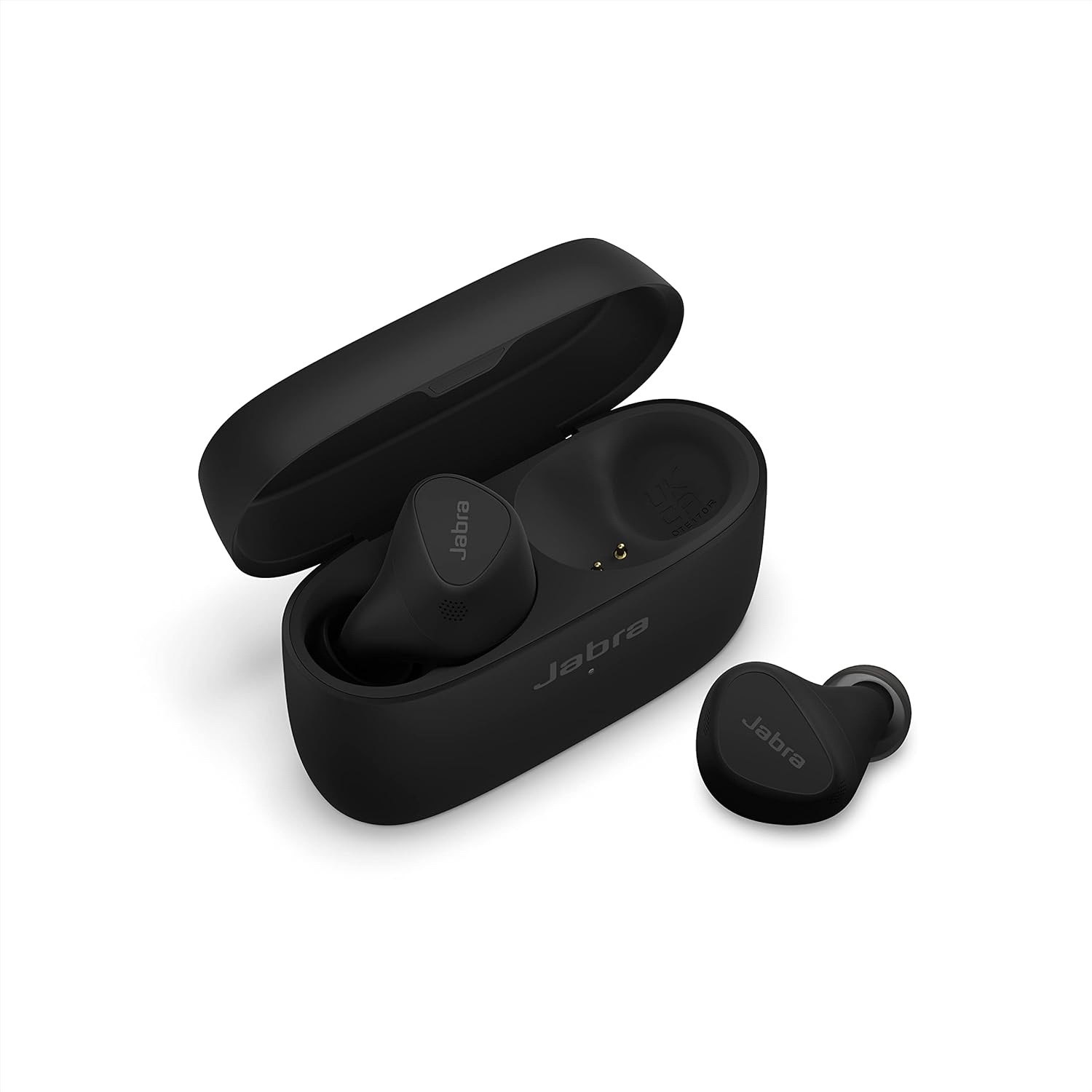 Black Jabra noise-cancelling earbuds are displayed next to their open charging case, with one earbud placed outside the case.
