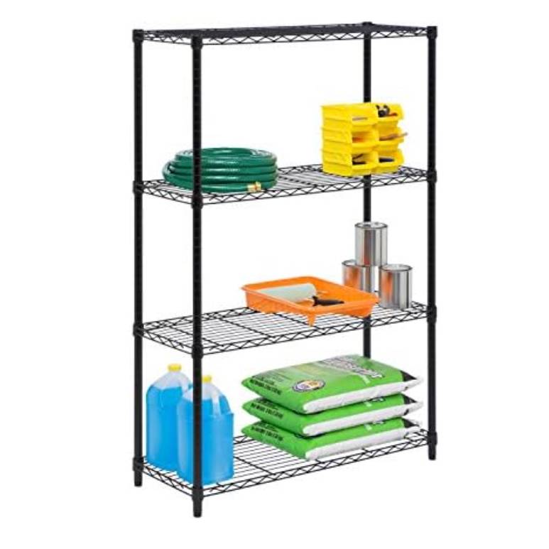 A black metal storage shelf unit with four adjustable wire shelves holds assorted items: coiled green garden hose, stacked yellow bins, silver paint cans, an orange paint tray with a roller, large blue liquid bottles, and green fertilizer bags.