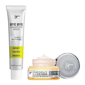 The 2pc Smooth Eyes Skincare Set includes \“Bye Bye Under Eye Bags,\“ a rapid bag reducer to depuff, tighten, and smooth, and \“Confidence in an Eye Cream,\“ a super peptide eye-awakening treatment.