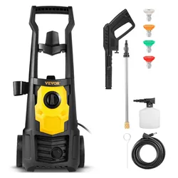 A VEVOR pressure washer with attachments, including a spray gun, four interchangeable nozzles, a lance, a detergent bottle, and a hose.