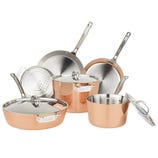 A set of copper cookware includes a saucepan, stockpot, sauté pan, frying pans, and a steamer insert, each with stainless steel handles and lids.