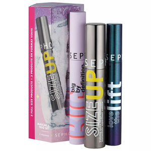 Three tubes of Sephora mascara named Size Up, Big By Definition, and Lashcraft are displayed next to their pink and purple box.