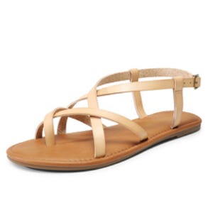 Beige strappy flat sandal with a buckle fastening and a simple cross-strap design.