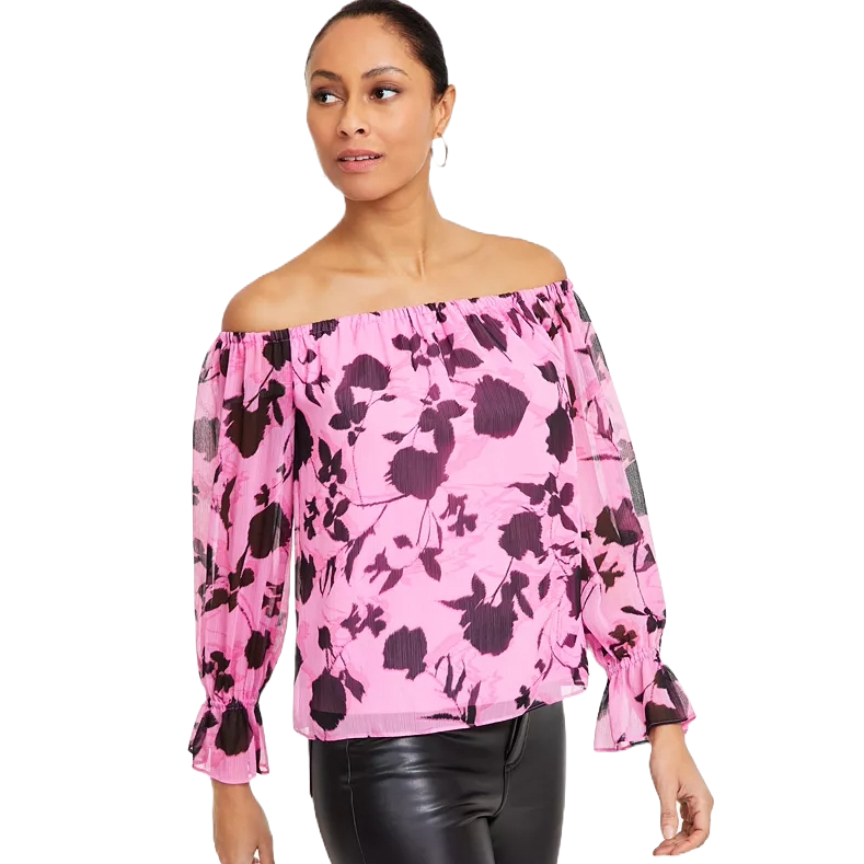 Pink off-the-shoulder top with a floral pattern, featuring long sleeves and elasticized cuffs.