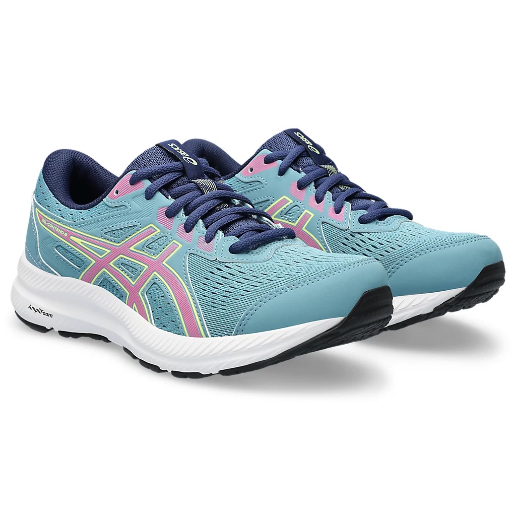 A pair of blue and pink ASICS running shoes with white soles and Gel-Contend 7 branding.