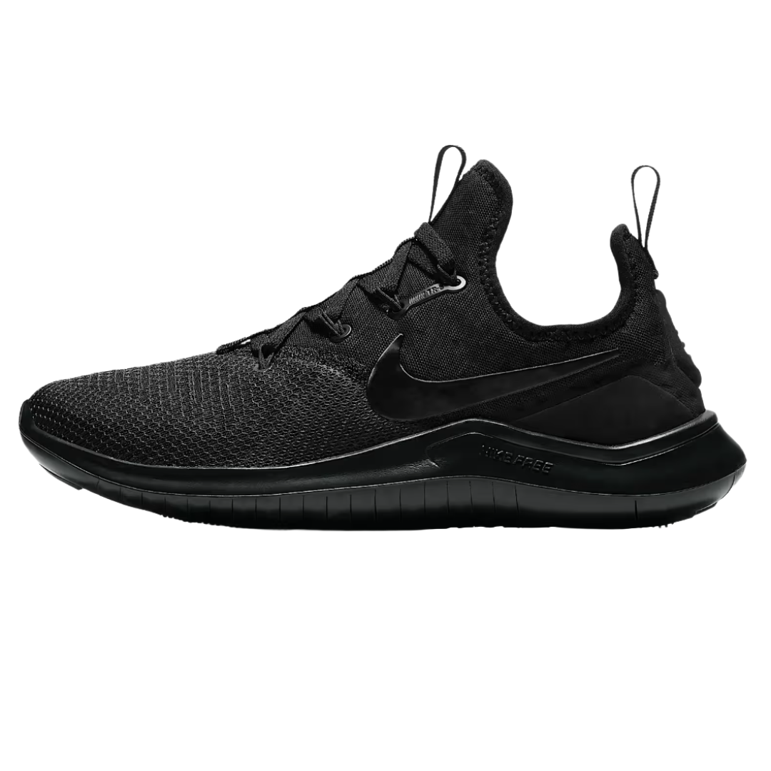 A black Nike running shoe with a mesh upper, featuring the Nike swoosh logo and labeled \“Nike Free\“ on the midsole.