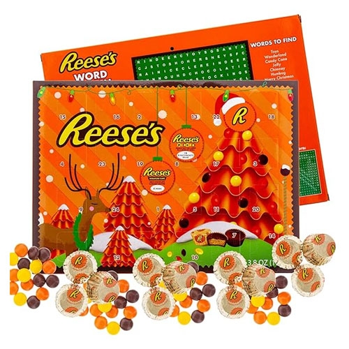 an orange Reese's advent calendar featuring peanut butter cups and candies