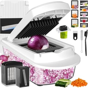 A vegetable chopper and slicer set featuring an onion chopper with various interchangeable blades, a cleaning brush, and additional slicing tools.
