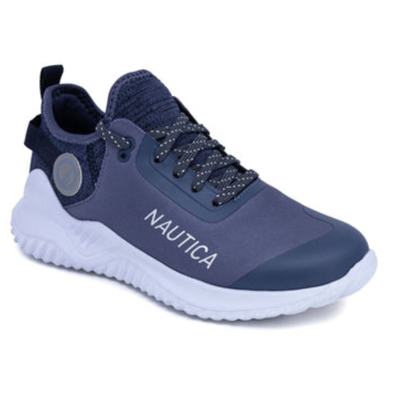 A navy and white Nautica sneaker with a textured sole, featuring decorative laces and branding on the side.