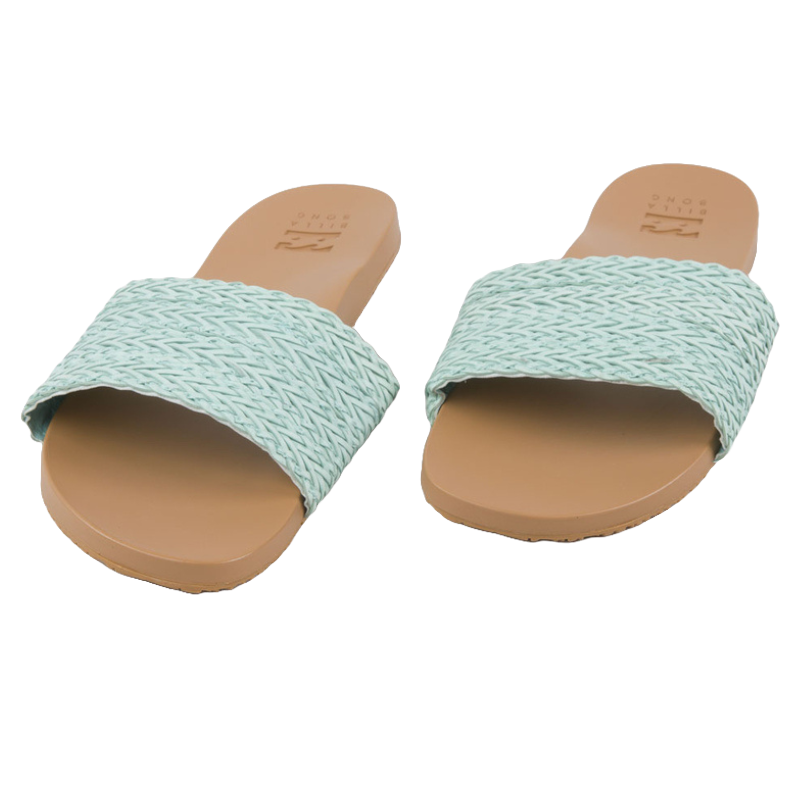 Light blue woven strap slides with tan footbeds, featuring a simple, slip-on design suitable for casual wear.